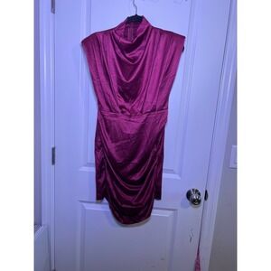 Elegant Pink Satin Draped Mock Neck Cap‎ Sleeve Ruched Bodycon Mini Dress